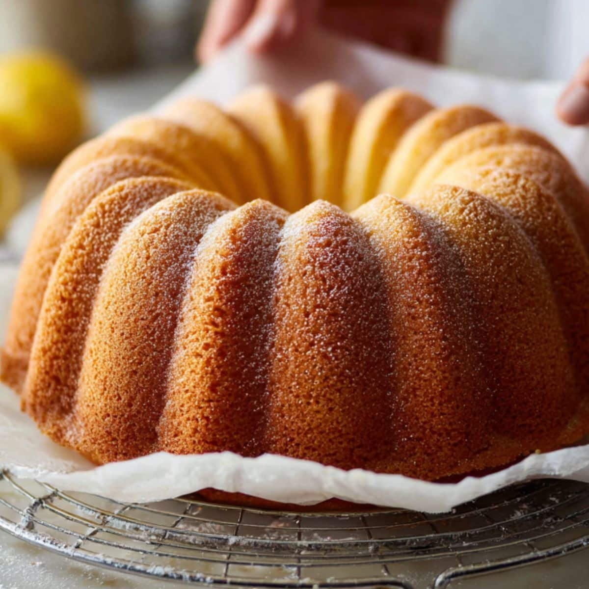 Bundt cake cooling on a rack after baking	