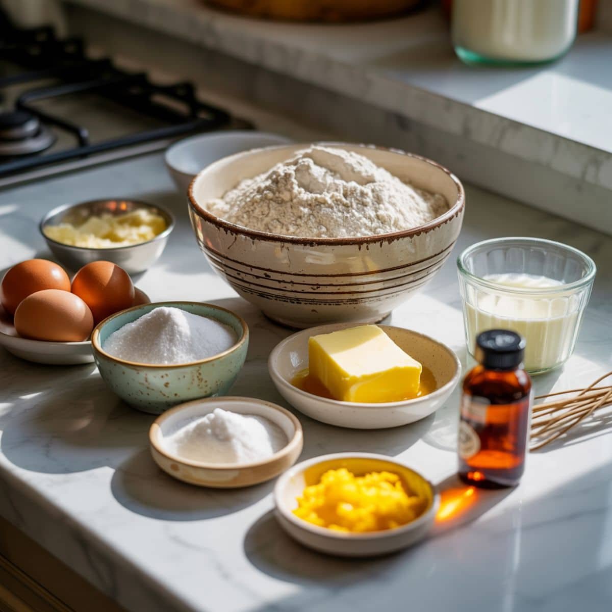 Bundt cake ingredients arranged on a white counter	