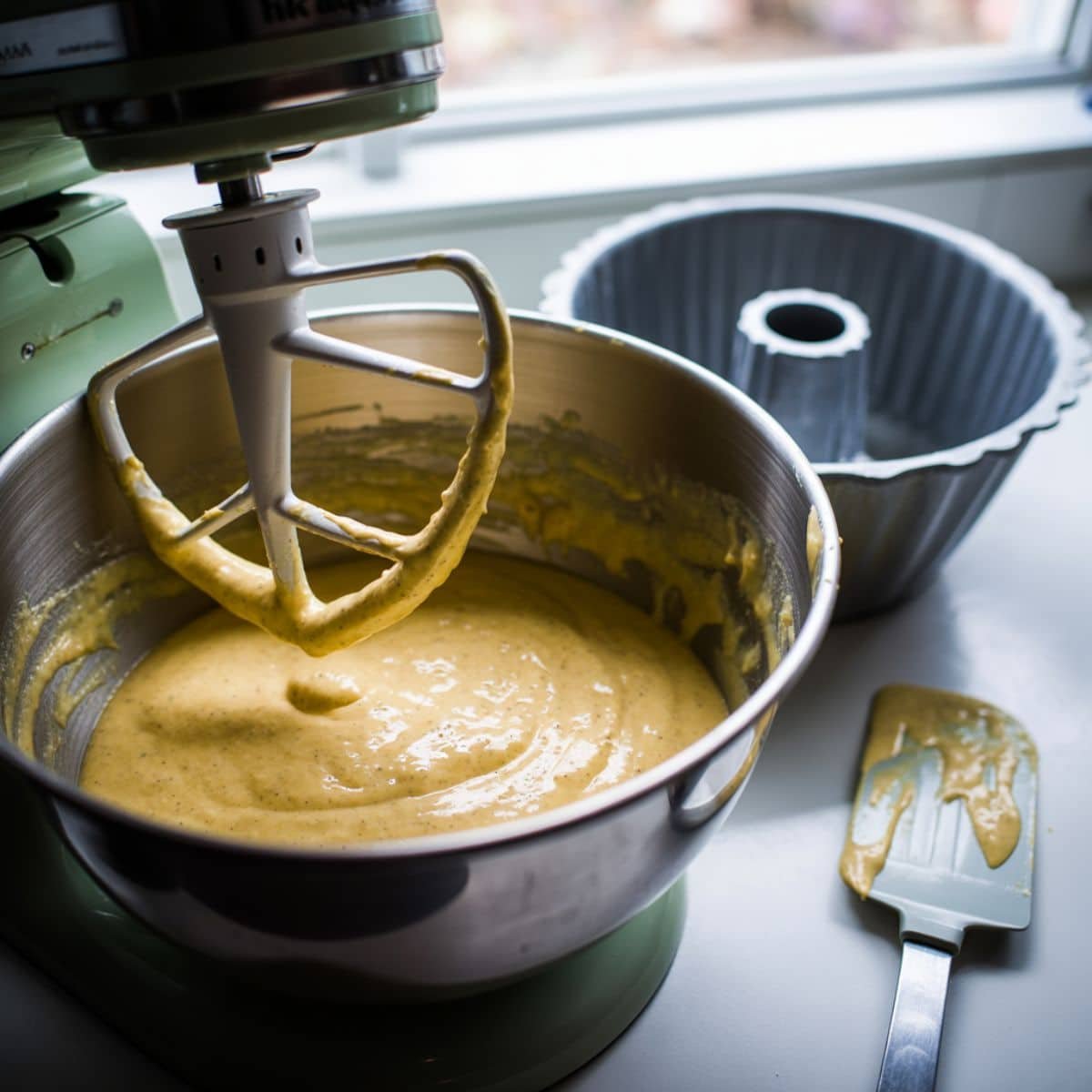 Mixing bundt cake batter and preparing the pan	
