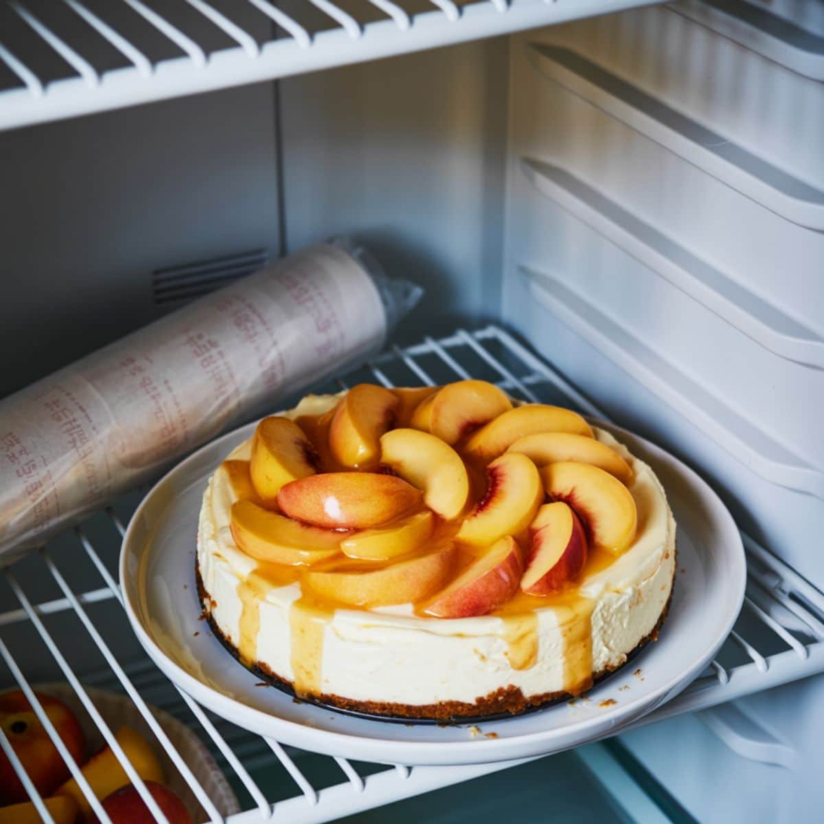 Chilling peach cheesecake in the fridge	