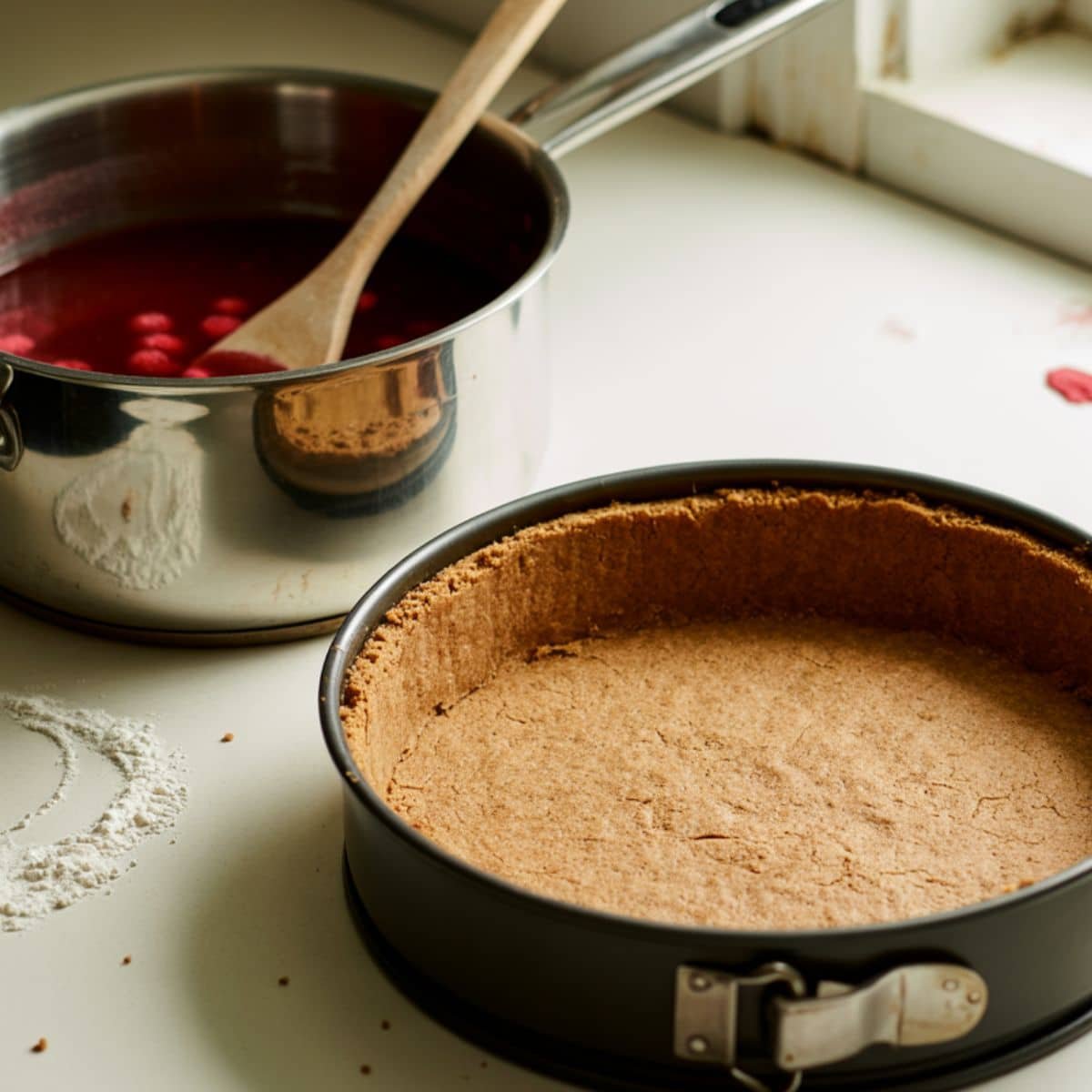 Graham cracker crust in pan and raspberry sauce cooking in a small pot.	