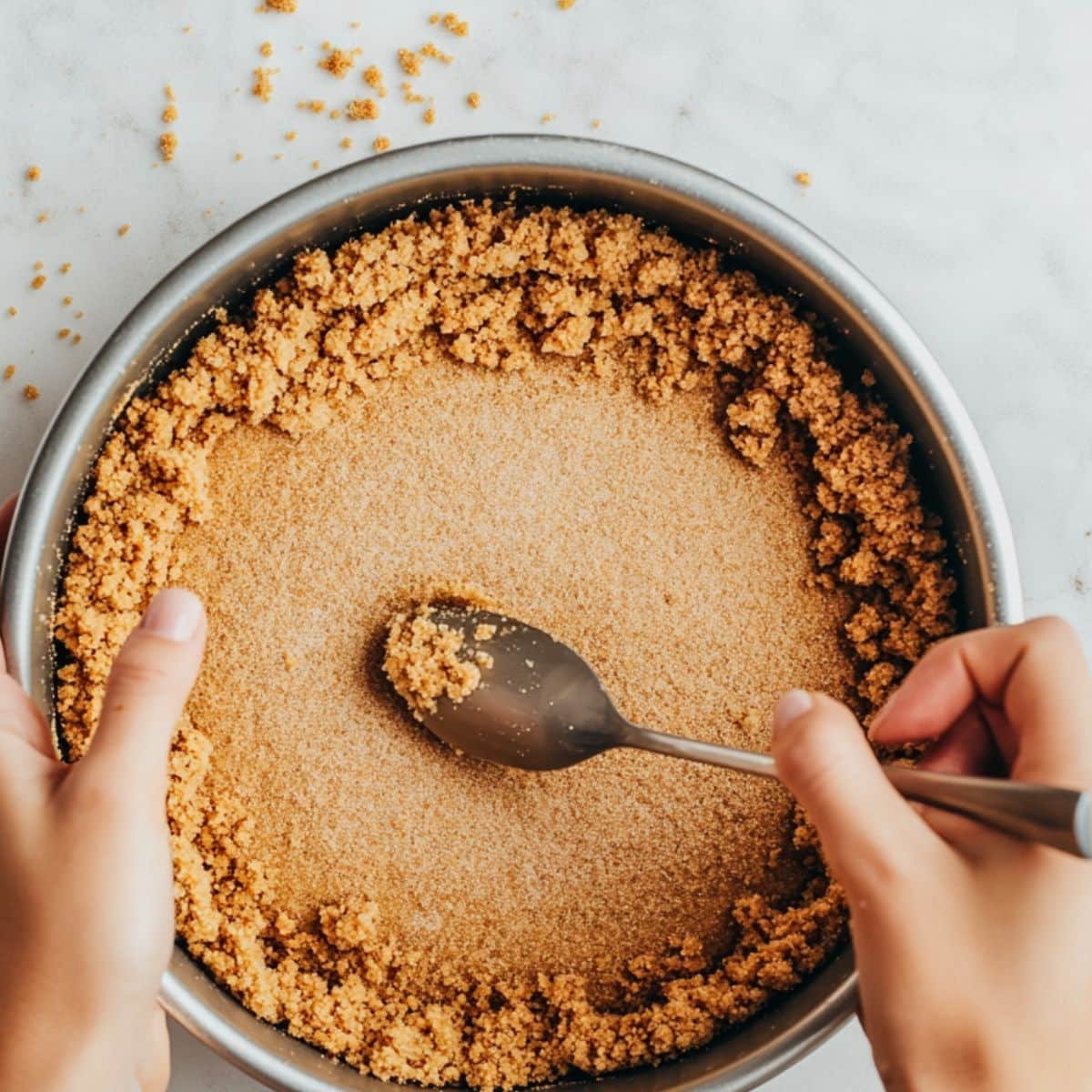 Pressing graham cracker crust into springform pan	