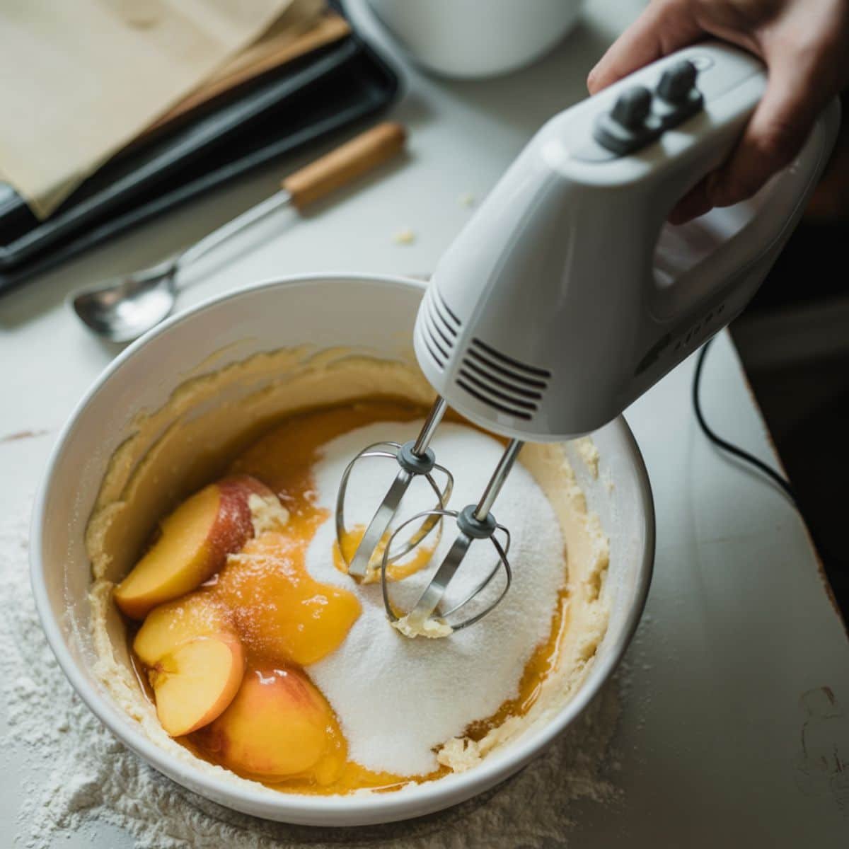 Mixing peach cheesecake filling ingredients	