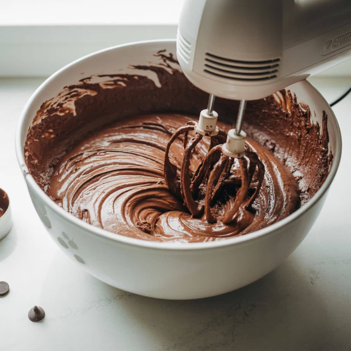 Beating chocolate cheesecake filling in a white mixing bowl	
