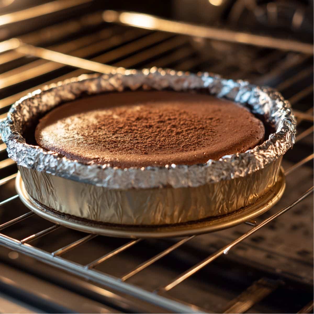 Cheesecake baking in water bath inside the oven with door slightly open	