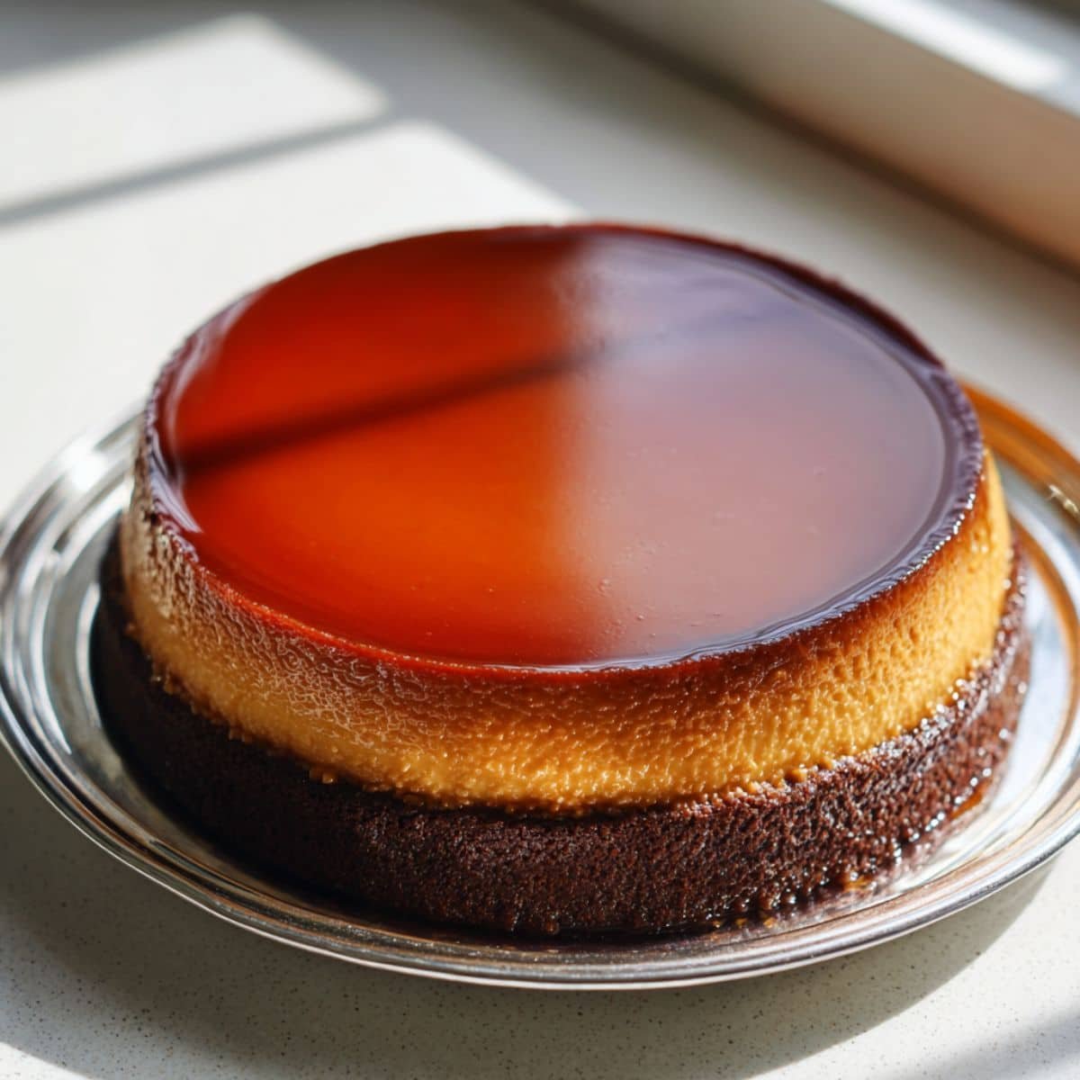 Homemade Choco Flan Cake with rich chocolate and flan layers	
