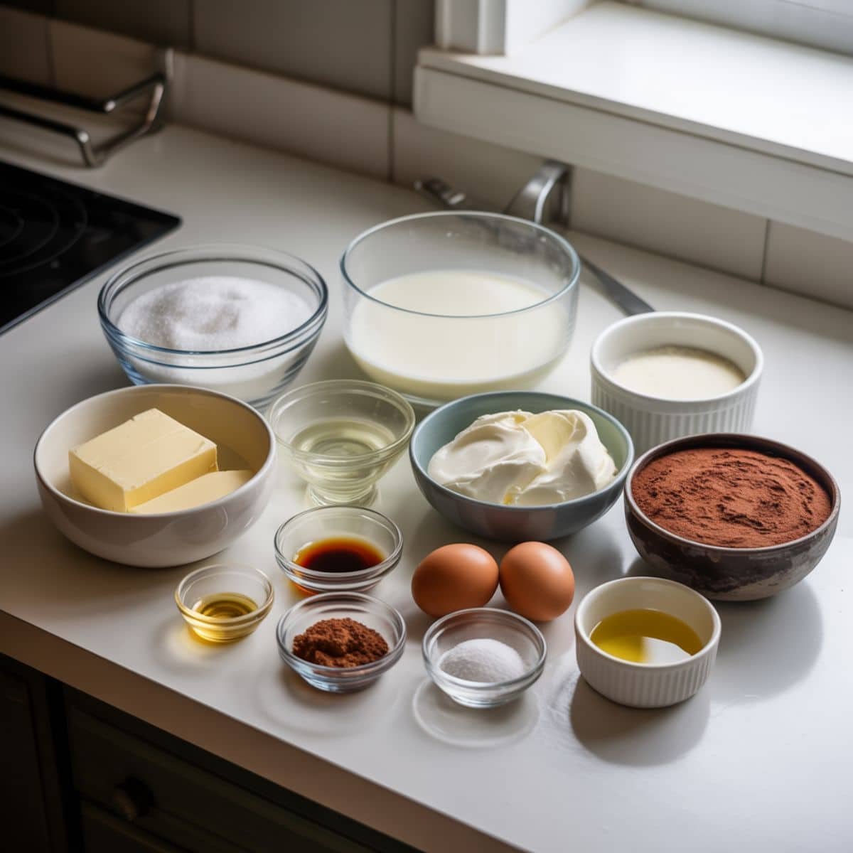 Choco Flan Cake ingredients arranged in bowls on a white kitchen counter	