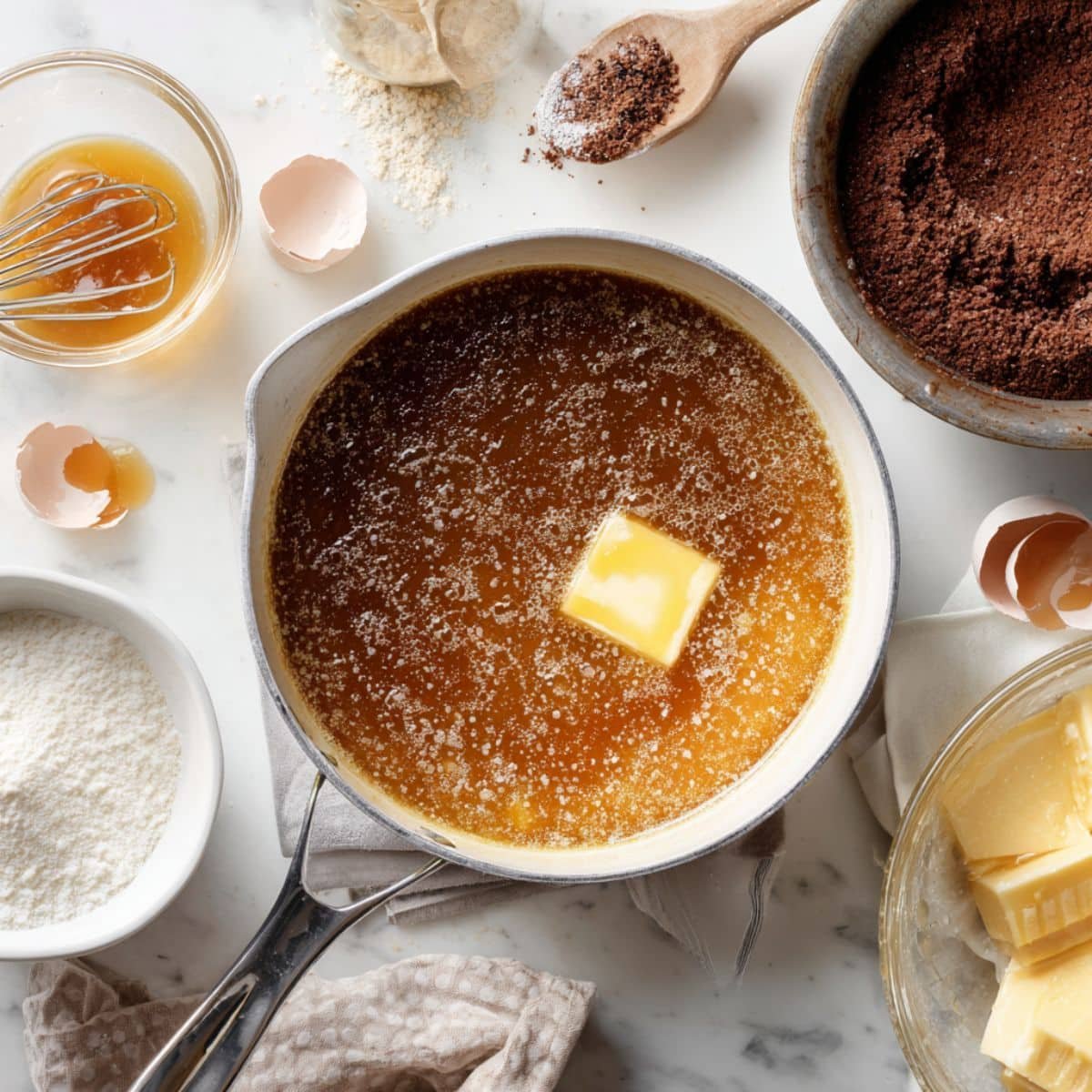 Caramel cooking in a saucepan with flan and cake mixtures ready to use	
