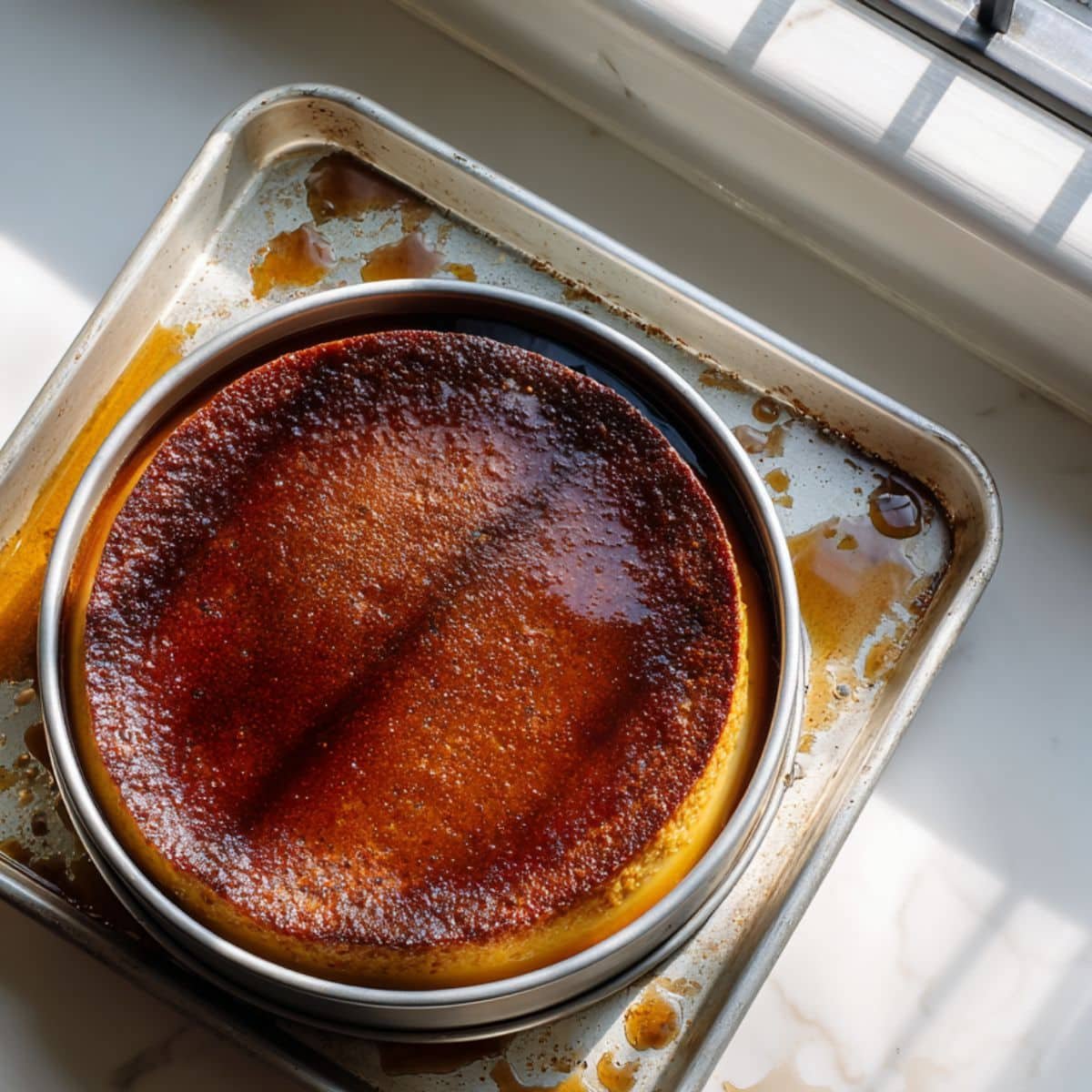 Freshly baked Choco Flan Cake cooling in a bundt pan with water bath	