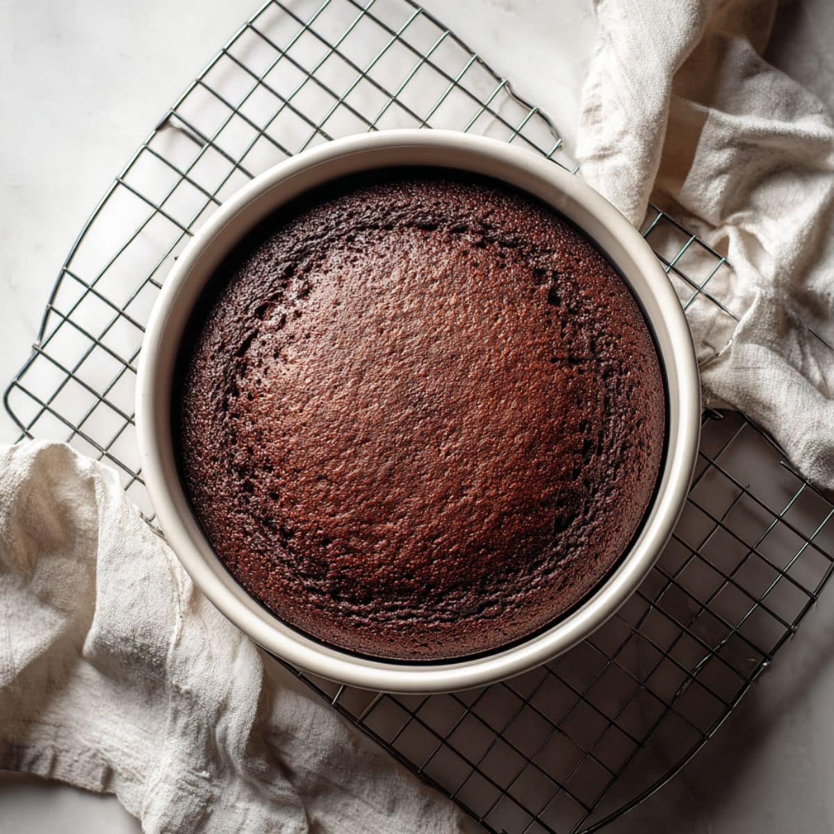 Freshly baked single layer chocolate cake cooling on a wire rack	