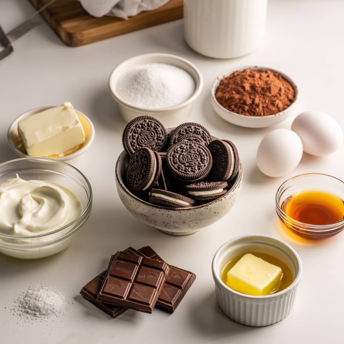 All ingredients for chocolate cheesecake laid out on a white counter	