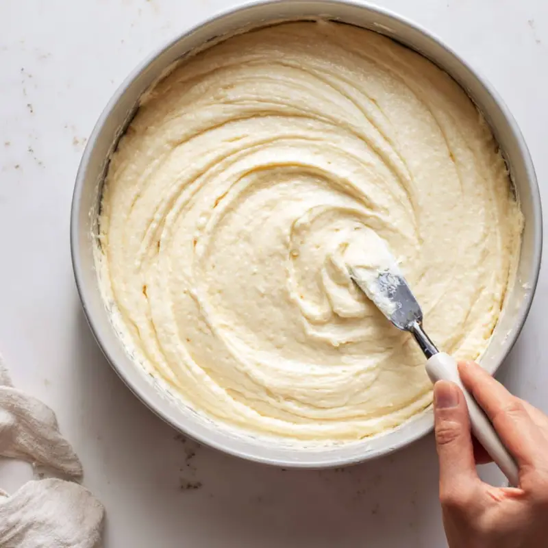 Pouring Greek yogurt cake batter into a white cake pan	