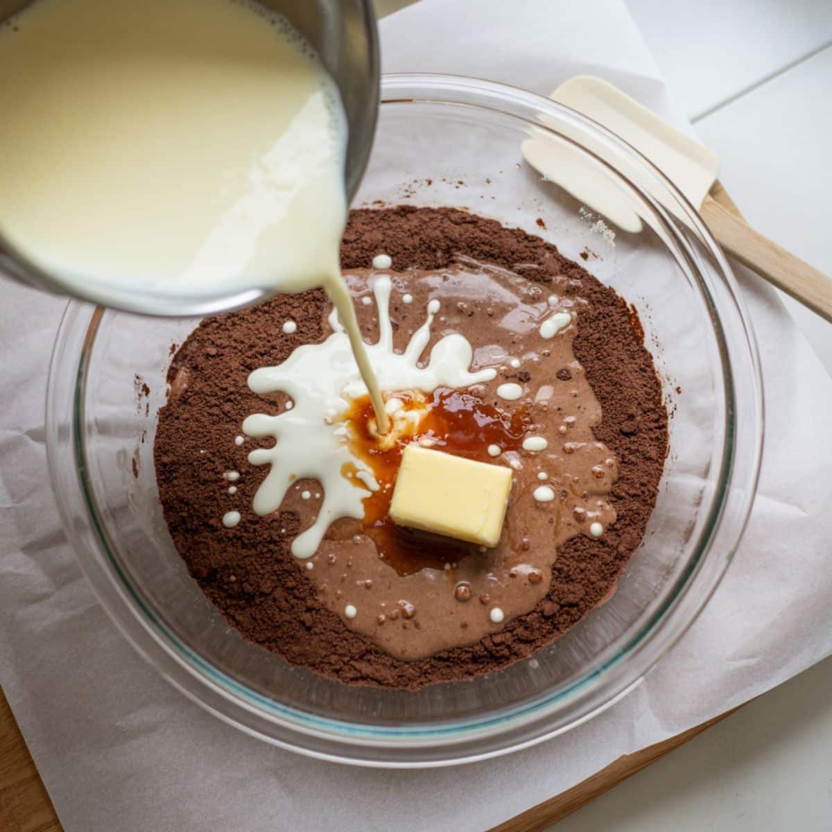 Pouring wet brownie mixture into dry ingredients
