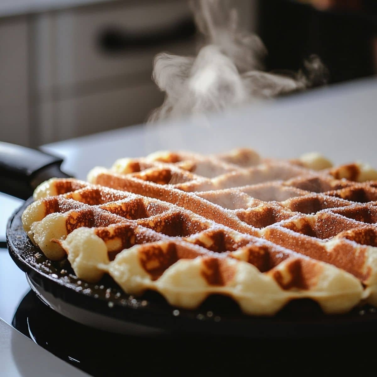 Cooking Belgian sugar waffles in a waffle iron with caramelized sugar	