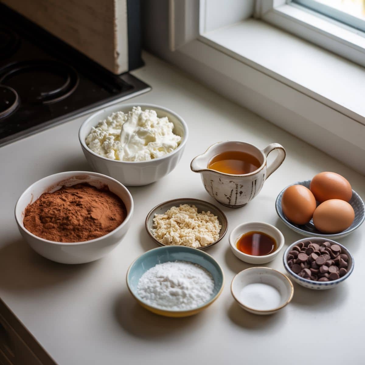 Top-down view of all cottage cheese brownie ingredients on white counter	