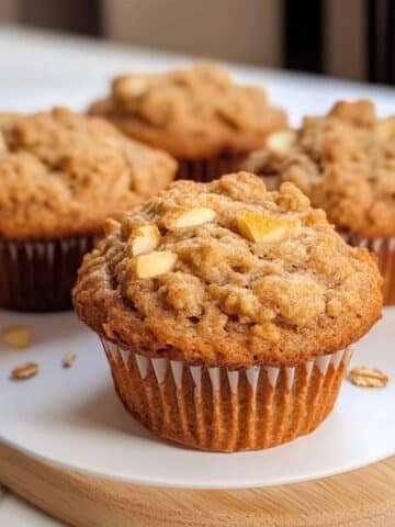 Homemade apple cinnamon oatmeal muffins on a white plate with one broken open