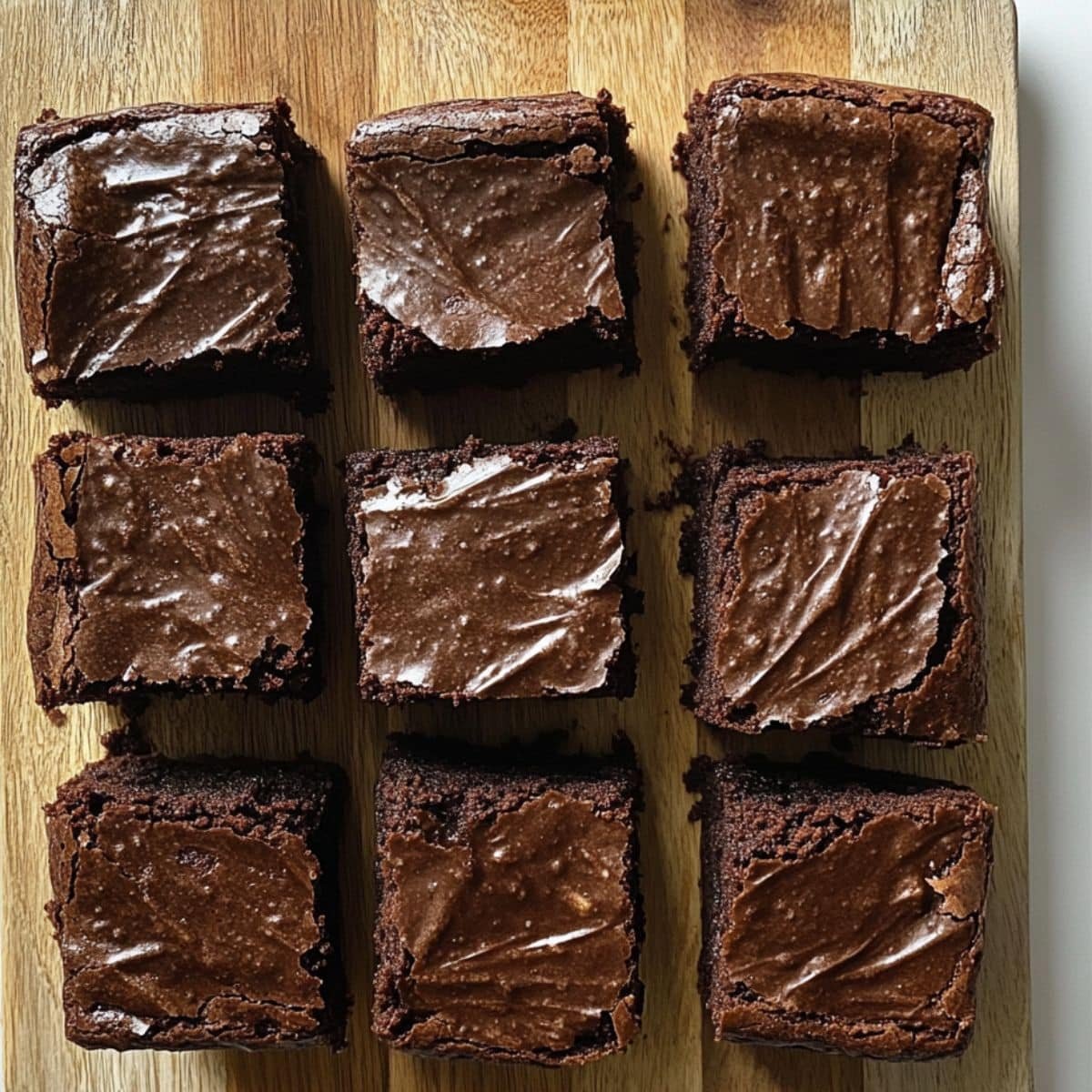 Fudgy Avocado Brownie Recipe cut into squares on a wooden board	