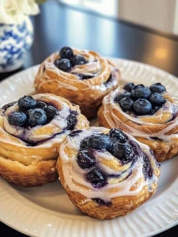 Overhead view of golden blueberry cruffins on a kitchen counter with scattered fresh blueberries