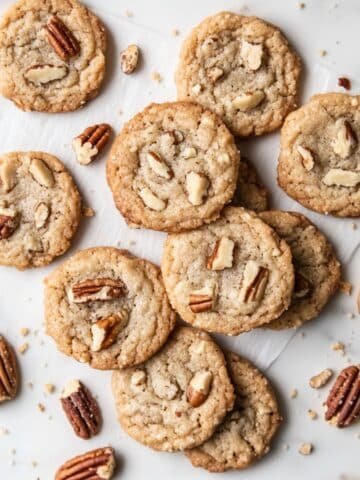 Brown Butter Pecan Cookies on white kitchen counter