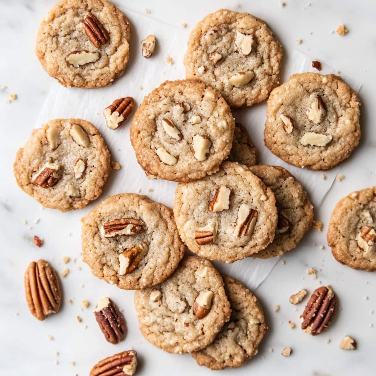 Brown Butter Pecan Cookies on white kitchen counter	