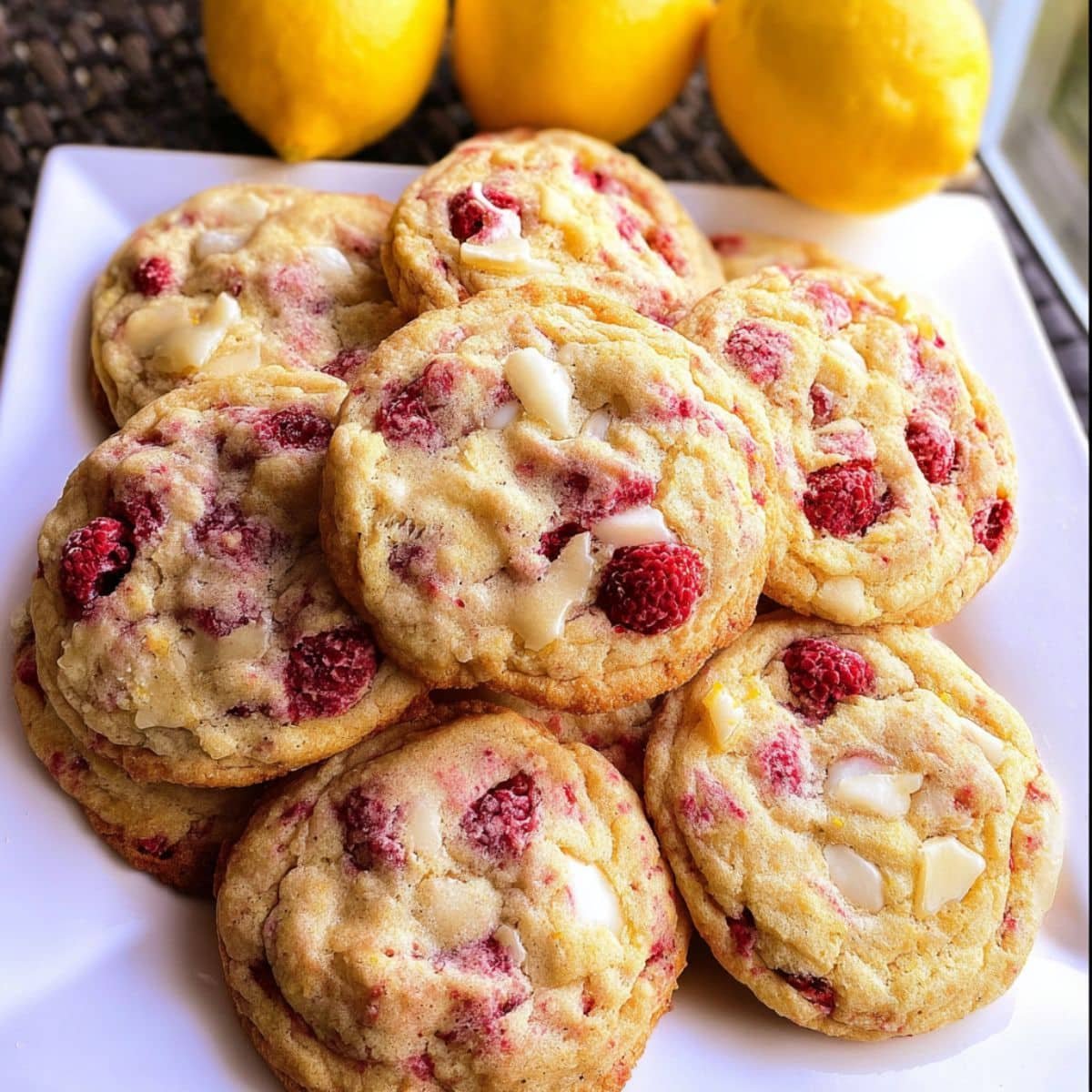Close-up of a bitten lemon raspberry cookies with drizzle and lemon zest	