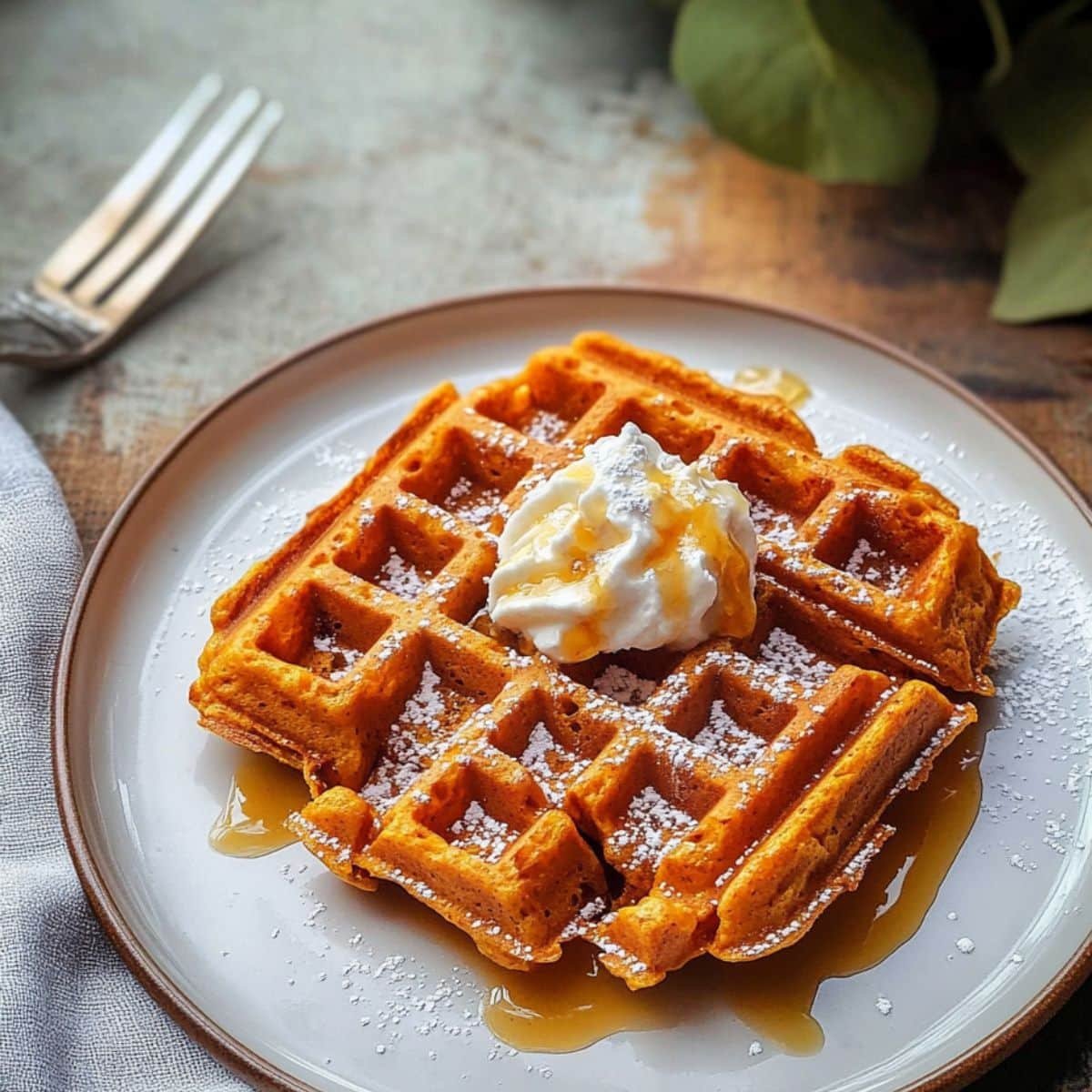 Stack of sweet potato waffles with butter and syrup	