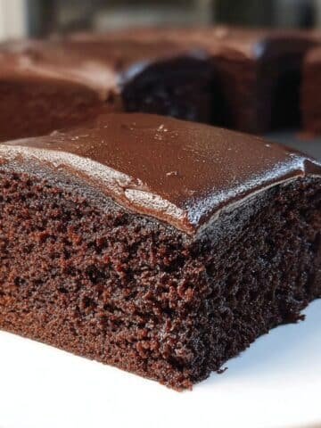 Homemade chocolate sheet cake slices with thick chocolate frosting on white counter
