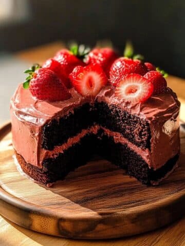 chocolate strawberry cake with pink frosting and fresh strawberries on top