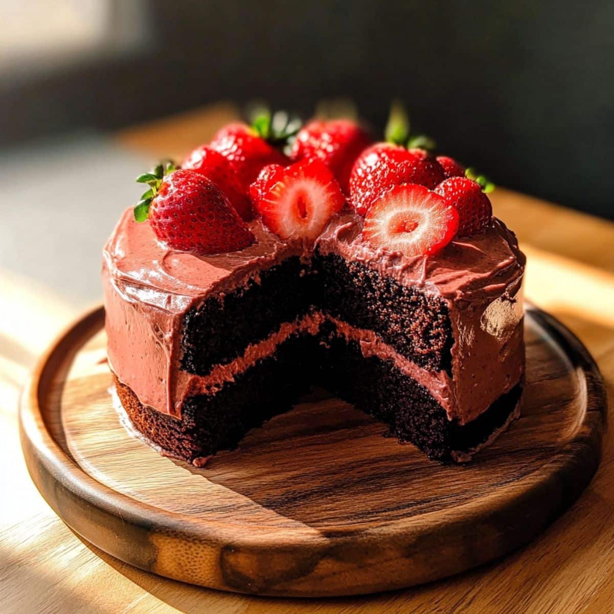 Moist chocolate strawberry cake with pink frosting and fresh strawberries on top
