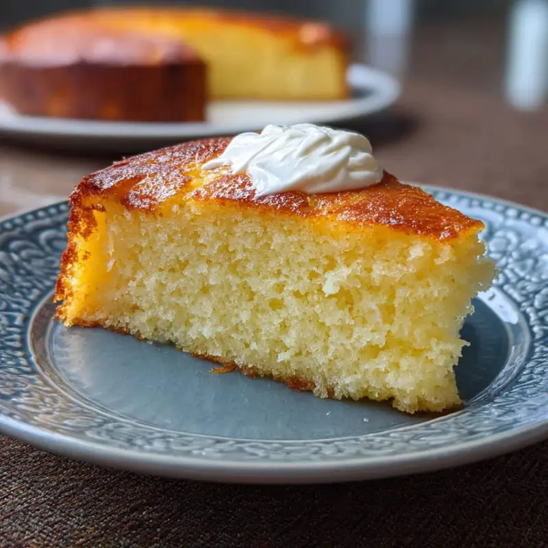 Slice of Greek yogurt cake with whipped cream on white plate	