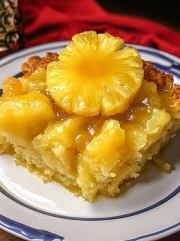 Rustic slice of pineapple dump cake topped with cherry and pineapple ring on white plate
