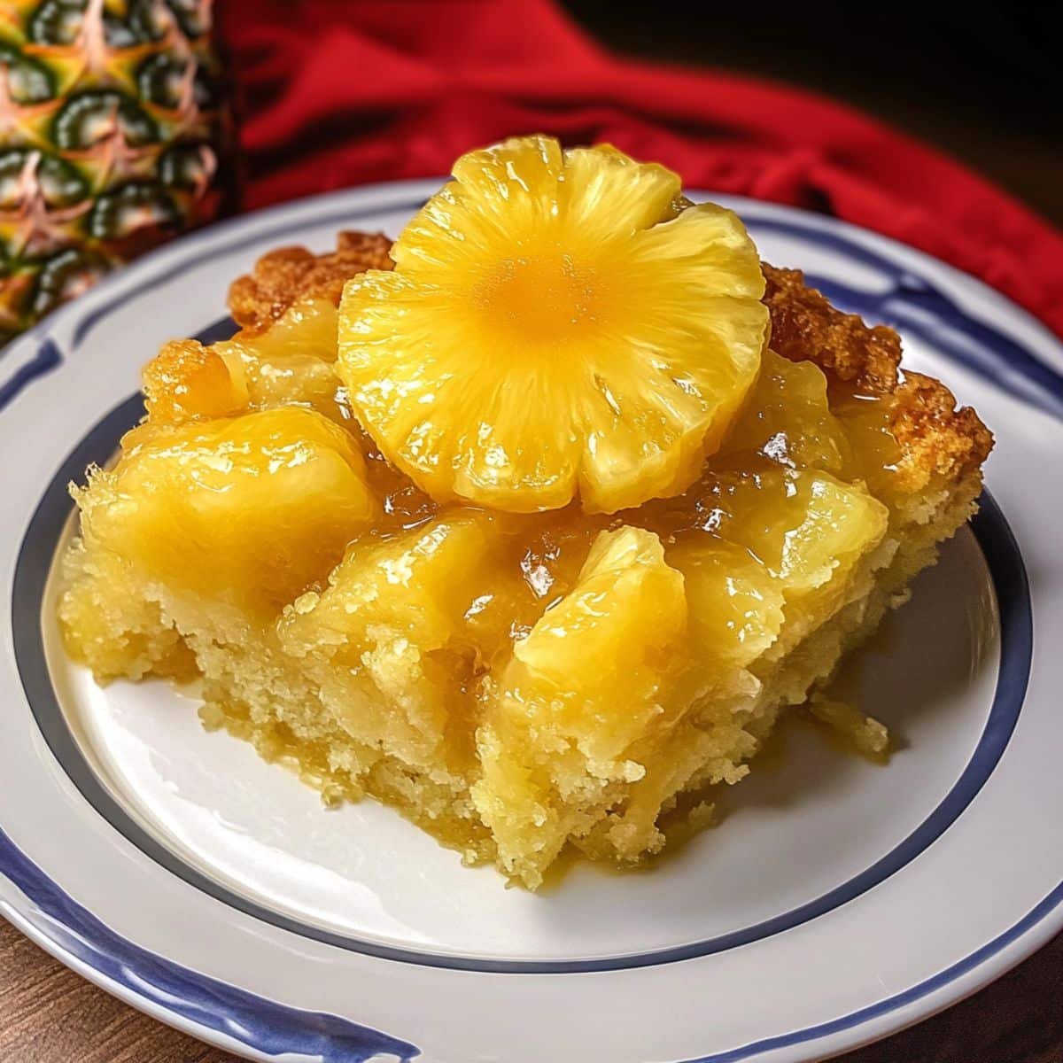 Rustic slice of pineapple dump cake topped with cherry and pineapple ring on white plate