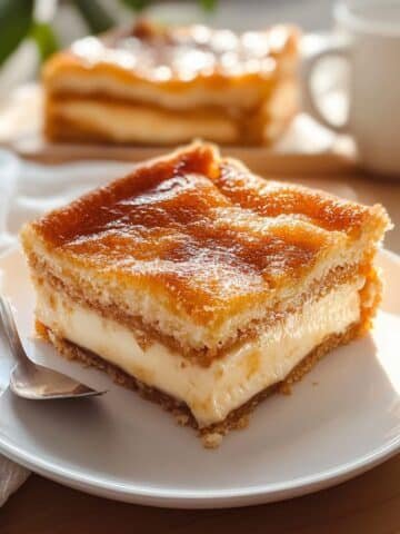 Slice of homemade sopapilla cheesecake drizzled with honey