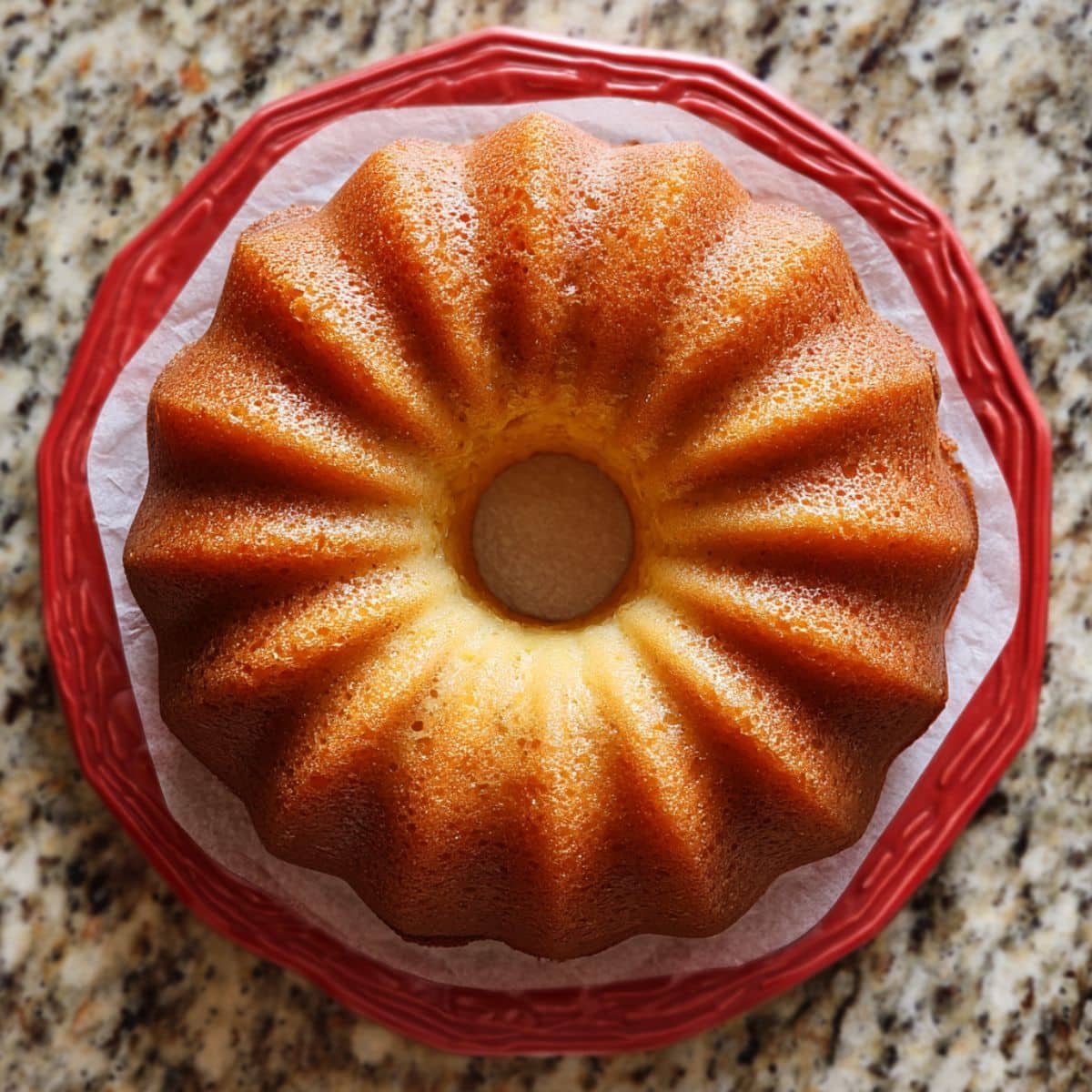 Homemade glazed Bundt cake on a white counter with a slice cut out	