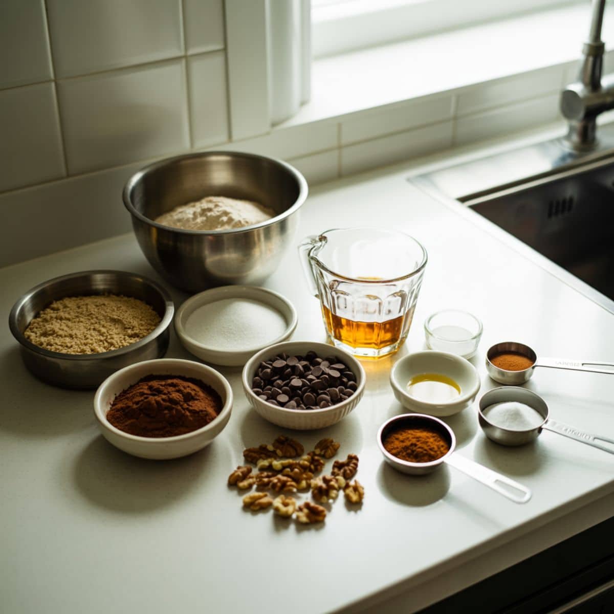 All ingredients laid out for flourless brownie recipe on white kitchen counter