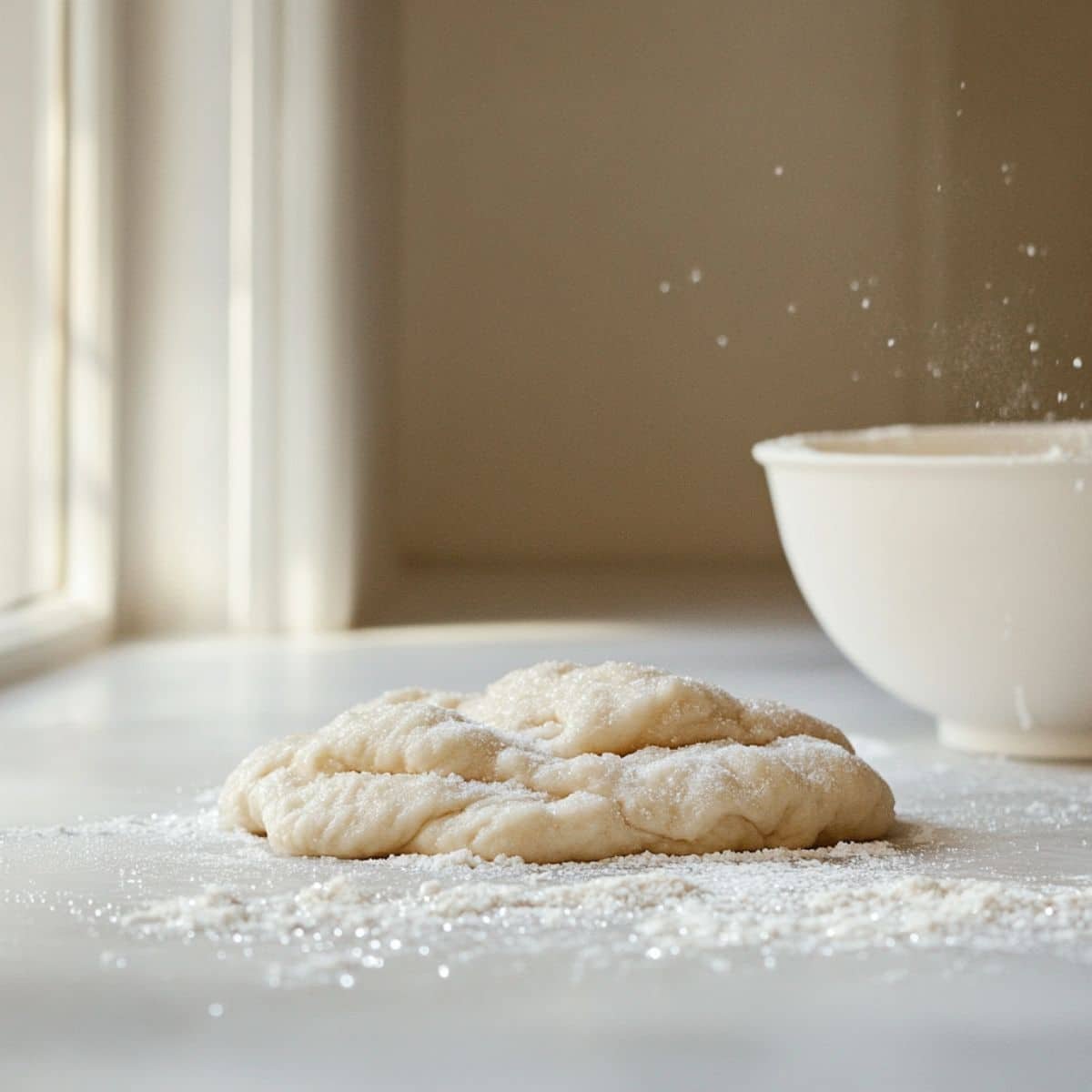 Hands folding pearl sugar into Belgian waffle dough on a floured white kitchen counter	