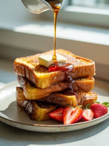 Stack of French Toast McCormick with butter and syrup on white plate