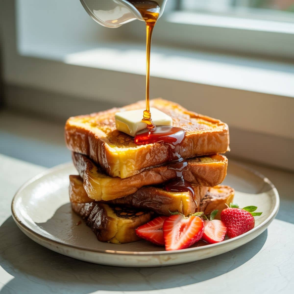 Stack of French toast with butter and syrup on white plate	