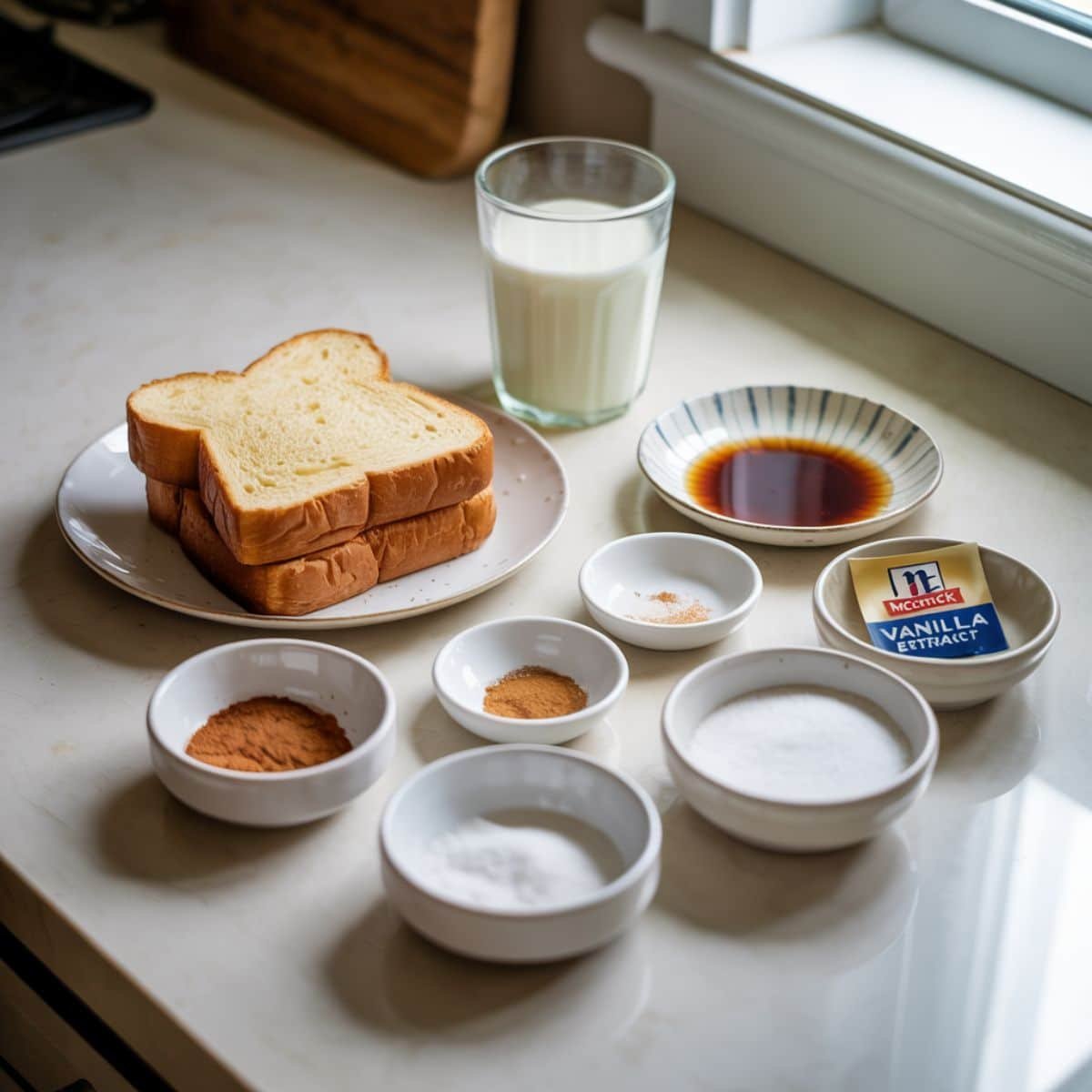 All ingredients for French toast McCormick recipe on a kitchen counter	