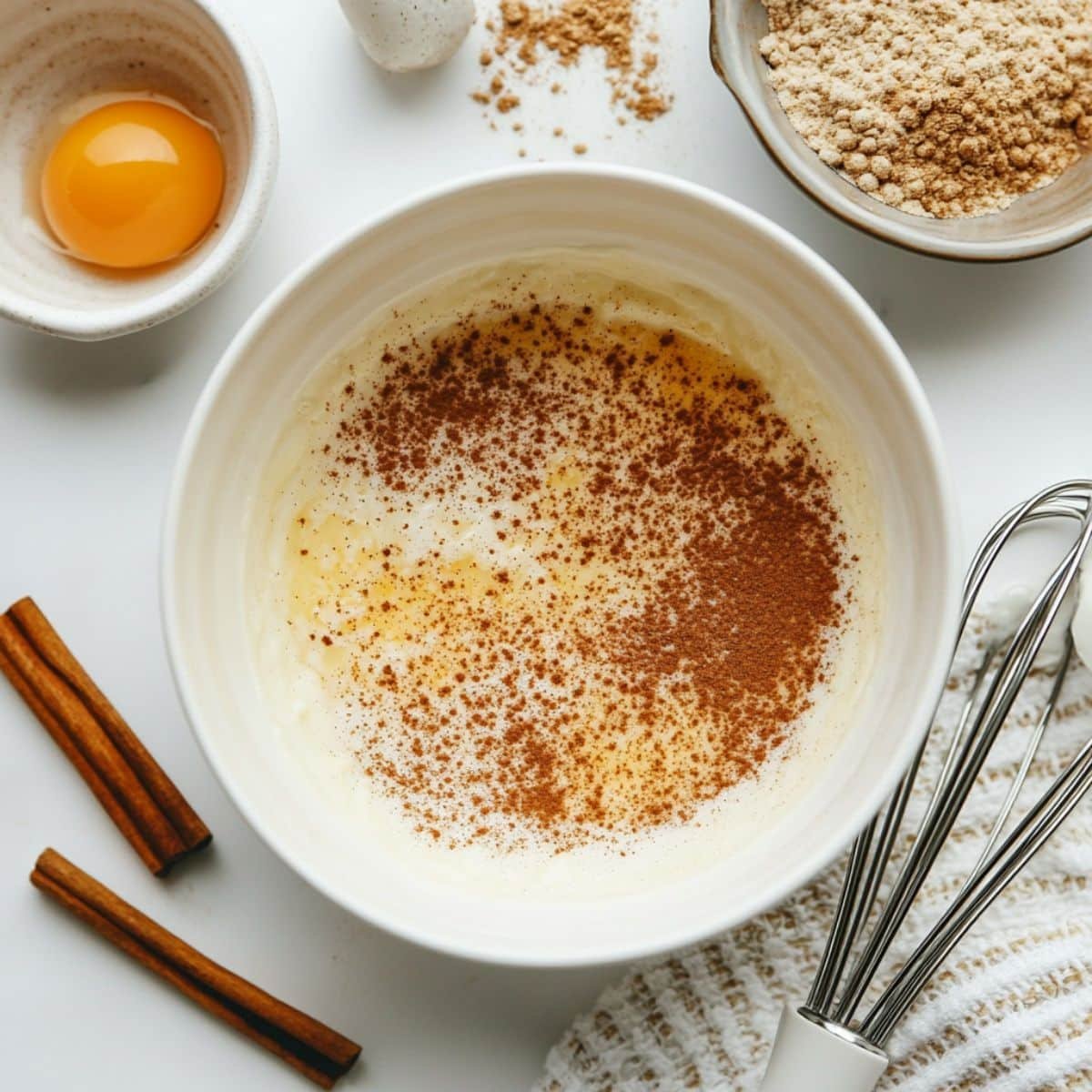 Whisking spiced egg mixture for French toast	