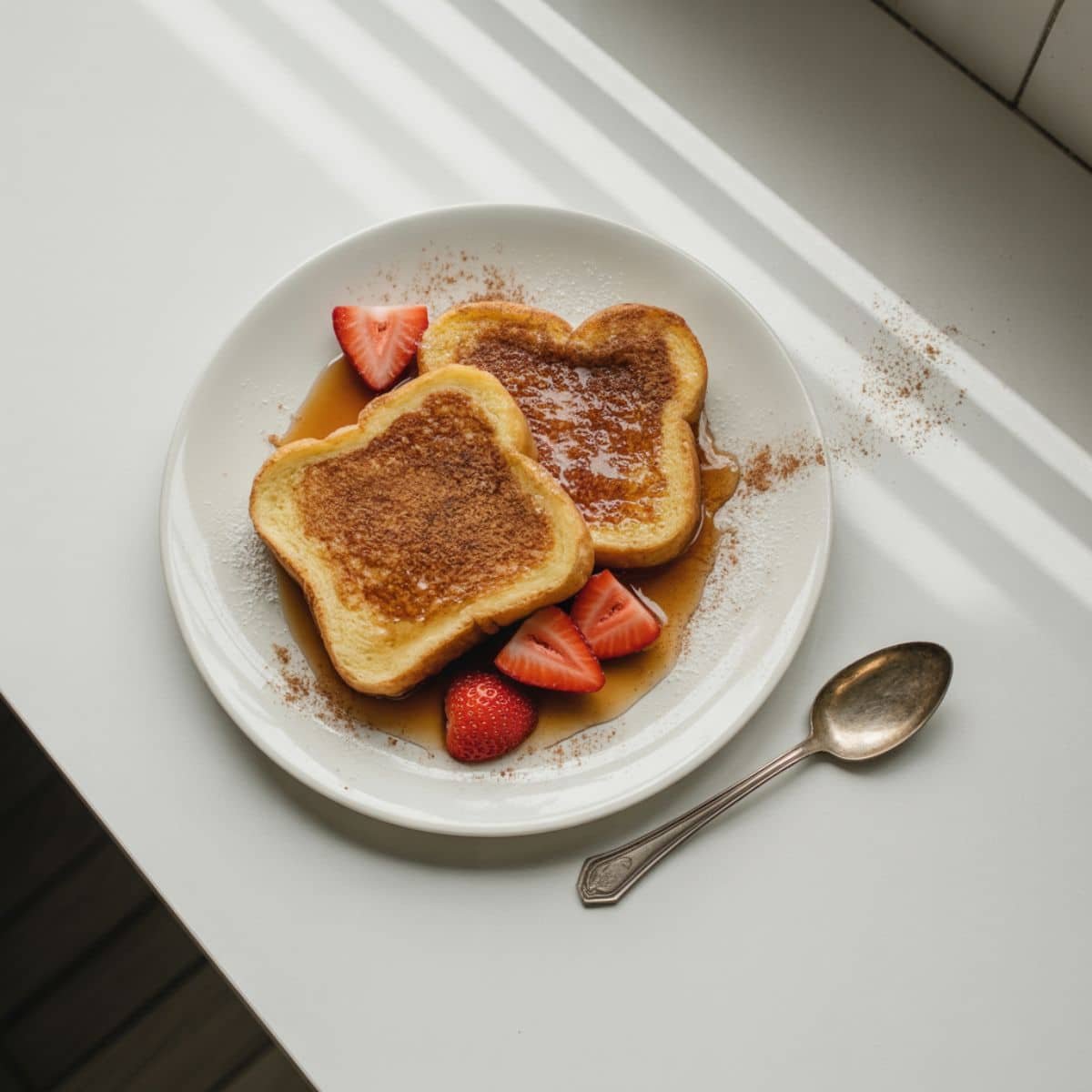 Served French toast with strawberries and syrup	