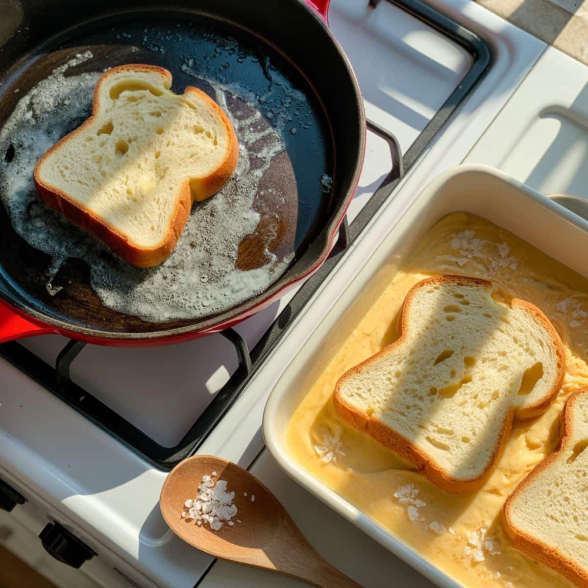 Bread soaking in egg mixture and cooking in skillet	
