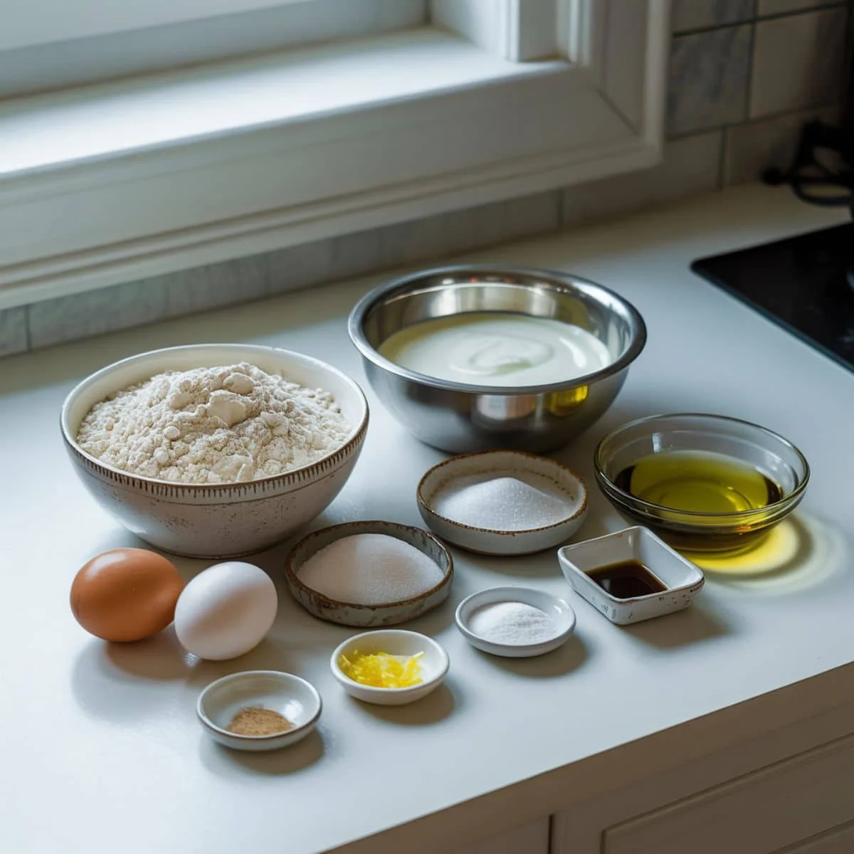 Ingredients for Greek yogurt cake measured and displayed on a white counter	