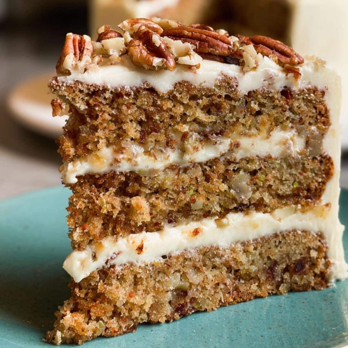 A thick, rustic slice of homemade hummingbird cake with cream cheese frosting and pecans on top, on a white plate	