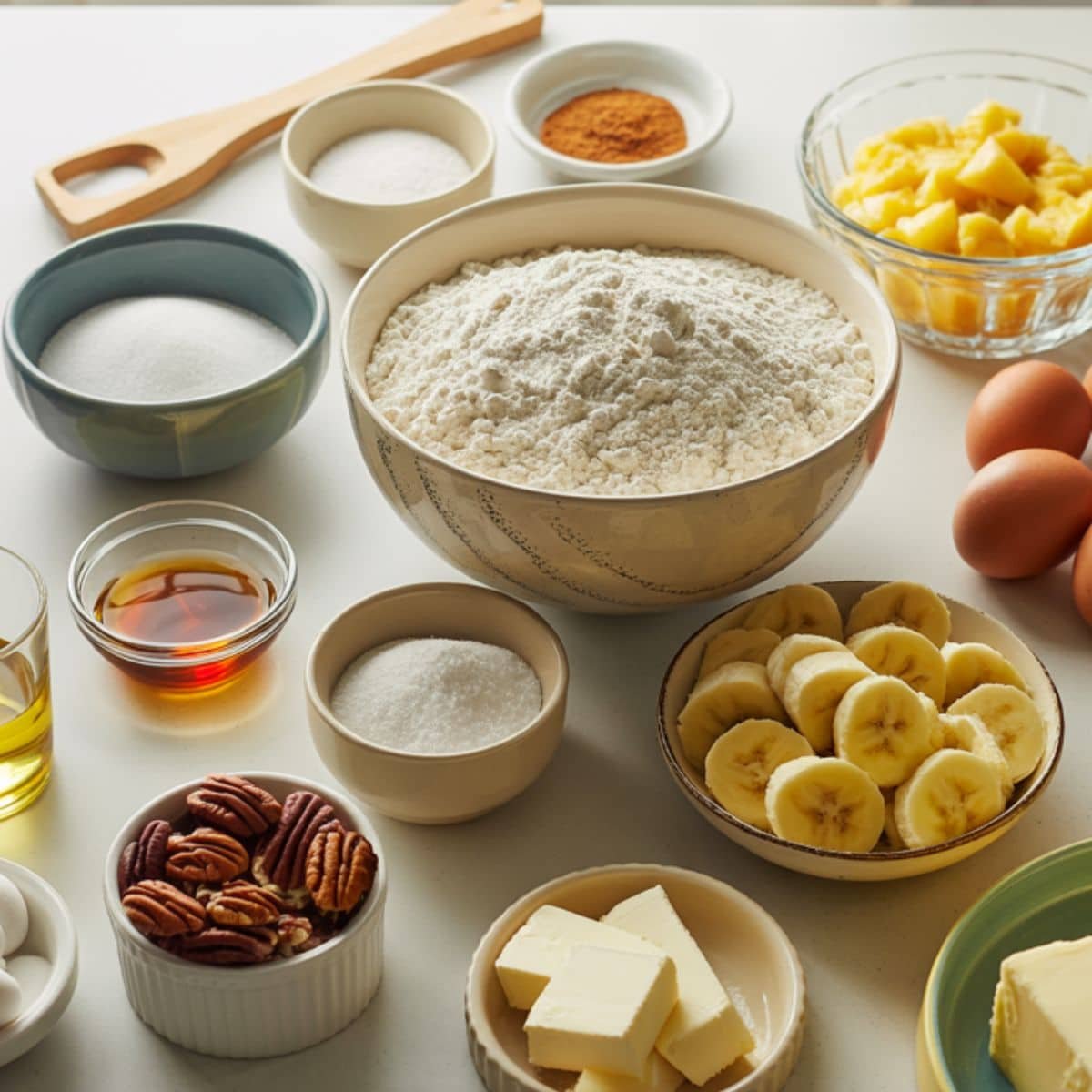 All ingredients for hummingbird cake including pineapple, bananas, flour, eggs, cream cheese, and pecans laid out on a white kitchen counter	