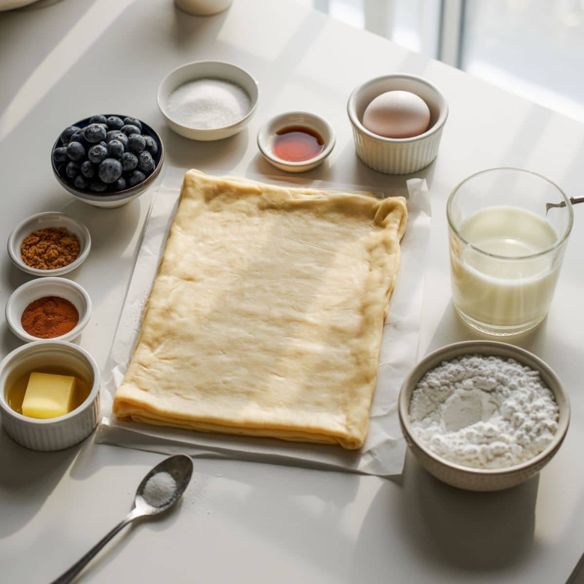 Ingredients for blueberry cruffins laid out on a white kitchen counter including puff pastry, blueberries, sugar, butter, cinnamon, vanilla, egg, powdered sugar, milk	