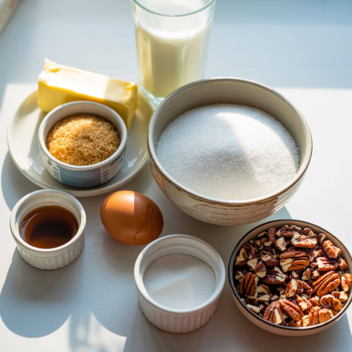 All ingredients for brown butter pecan cookies laid out on white counter	