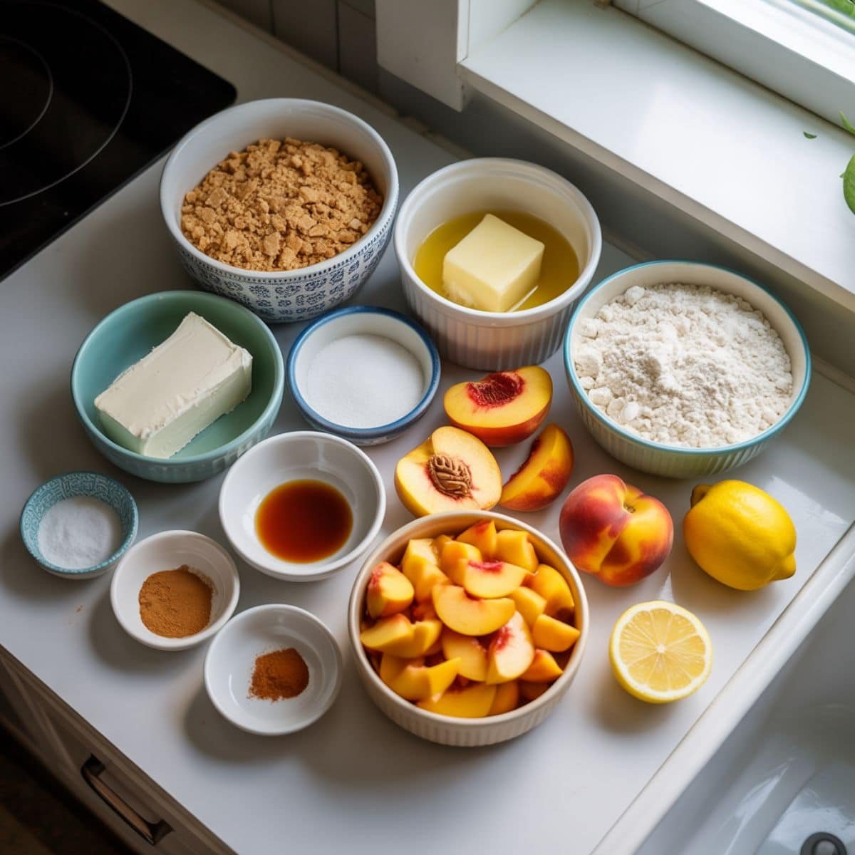Ingredients for peach cheesecake laid out on a white counter