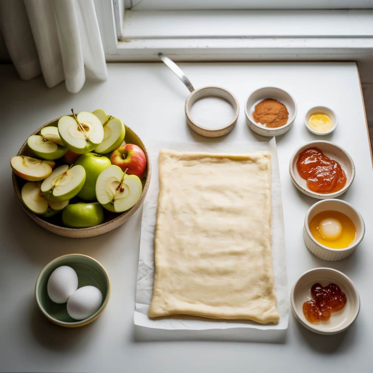 All ingredients for puff pastry apple tart laid out on a white kitchen counter	