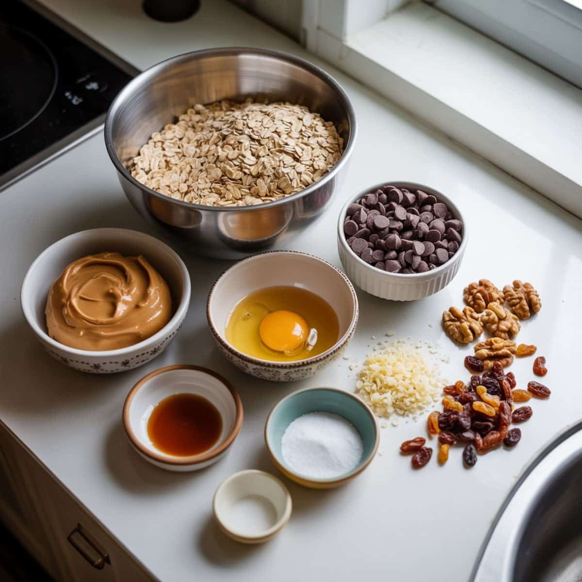 Flourless cookie ingredients laid out on a white counter including oats, peanut butter, and mix-ins	